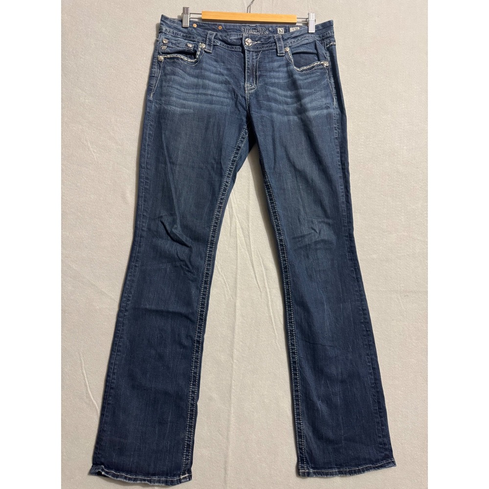 Miss Me Mid-Rise Easy Boot Jeans Size 32 JE8297EX Dark Wash Embellished Pockets